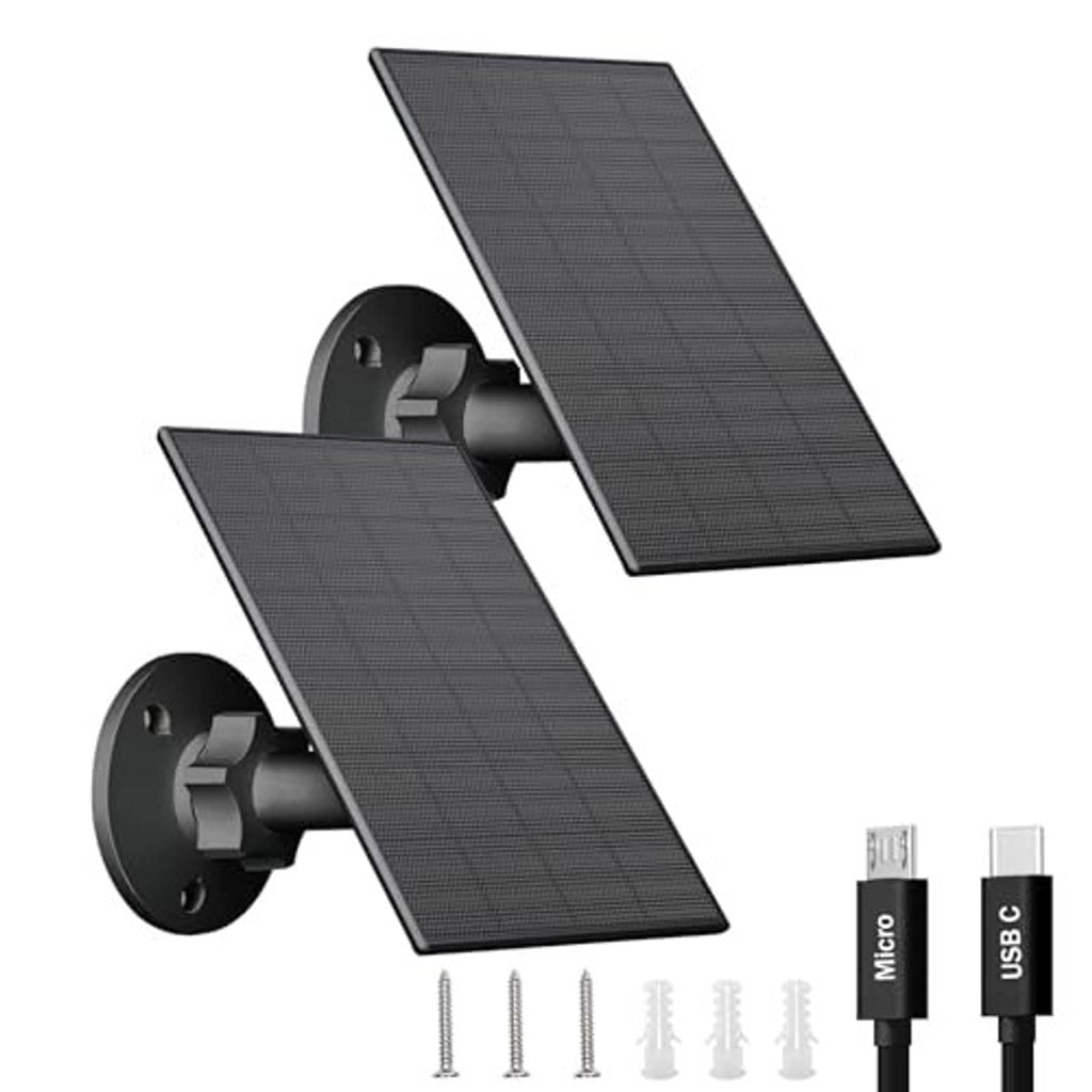 Black dual solar panel kit with wall mounts and Micro-USB/USB-C charging cables