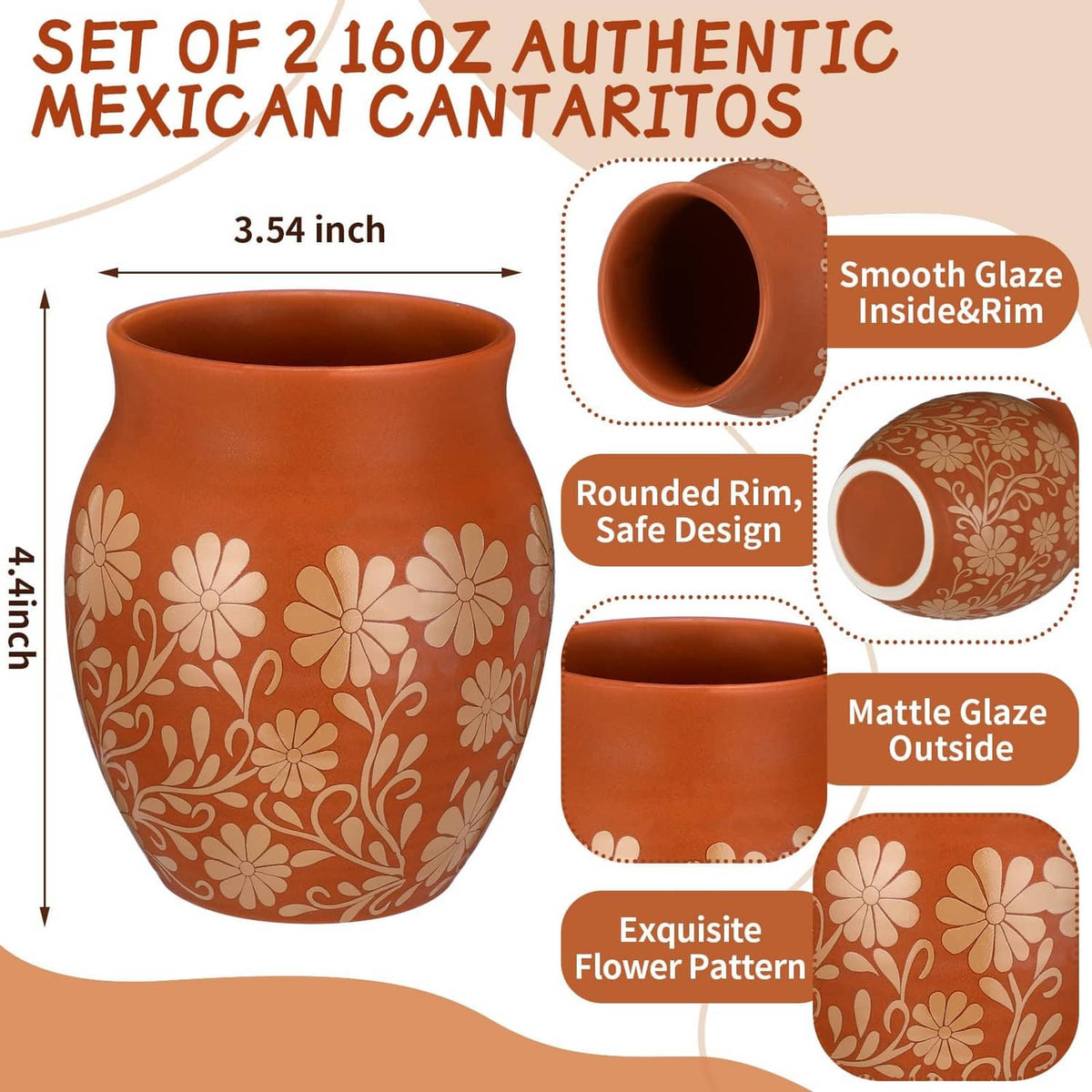 Brown 16 oz Mexican clay cantarito with white floral pattern, rounded rim, smooth glazed inside