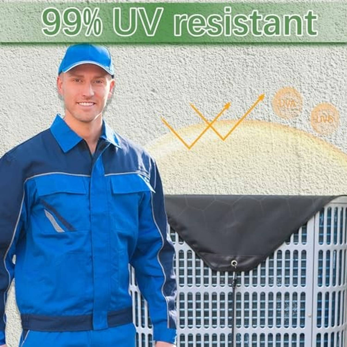 Black AC cover draped over outdoor condenser with front opening and eyelets.
