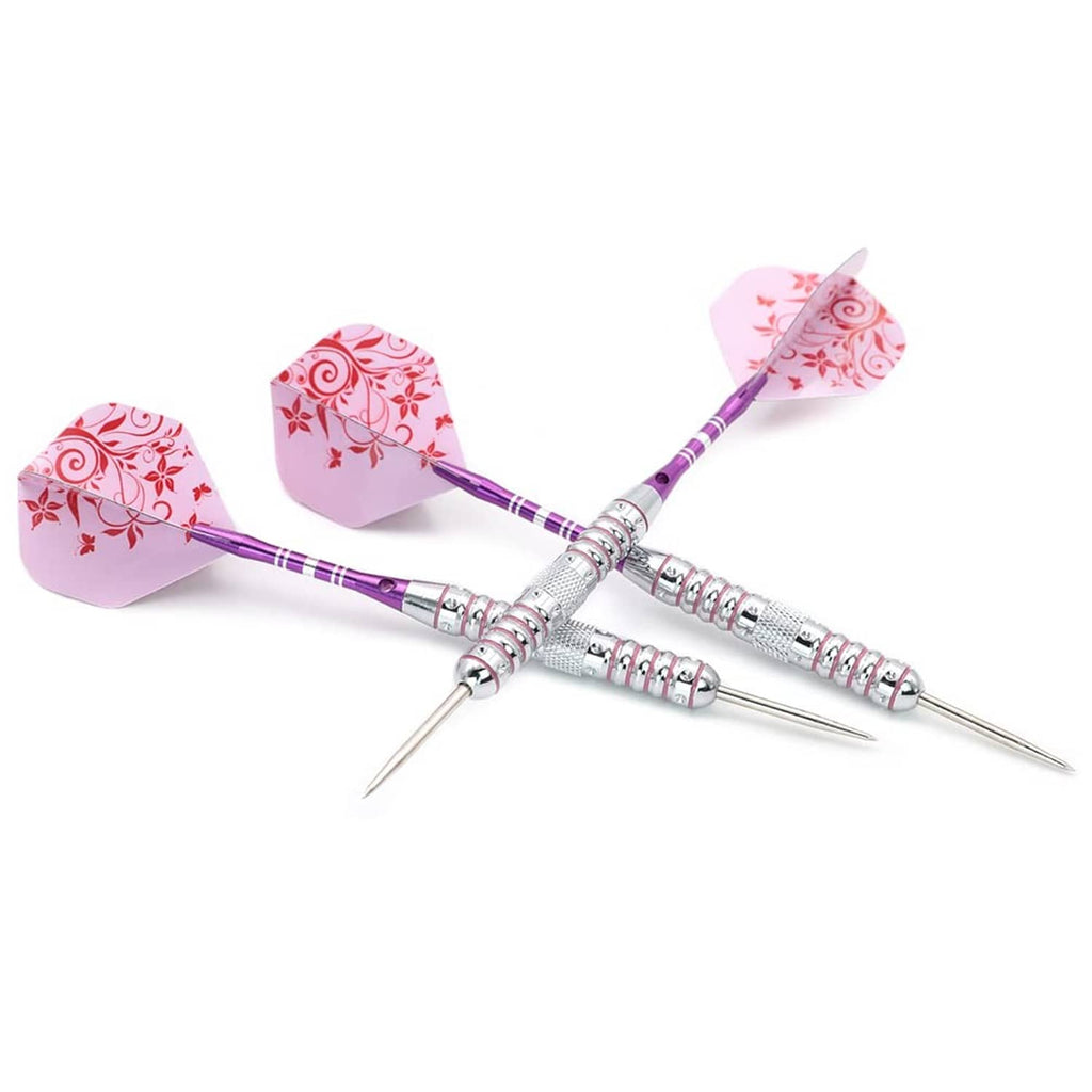 Three steel tip darts with pink floral flights, purple shafts, and silver barrels
