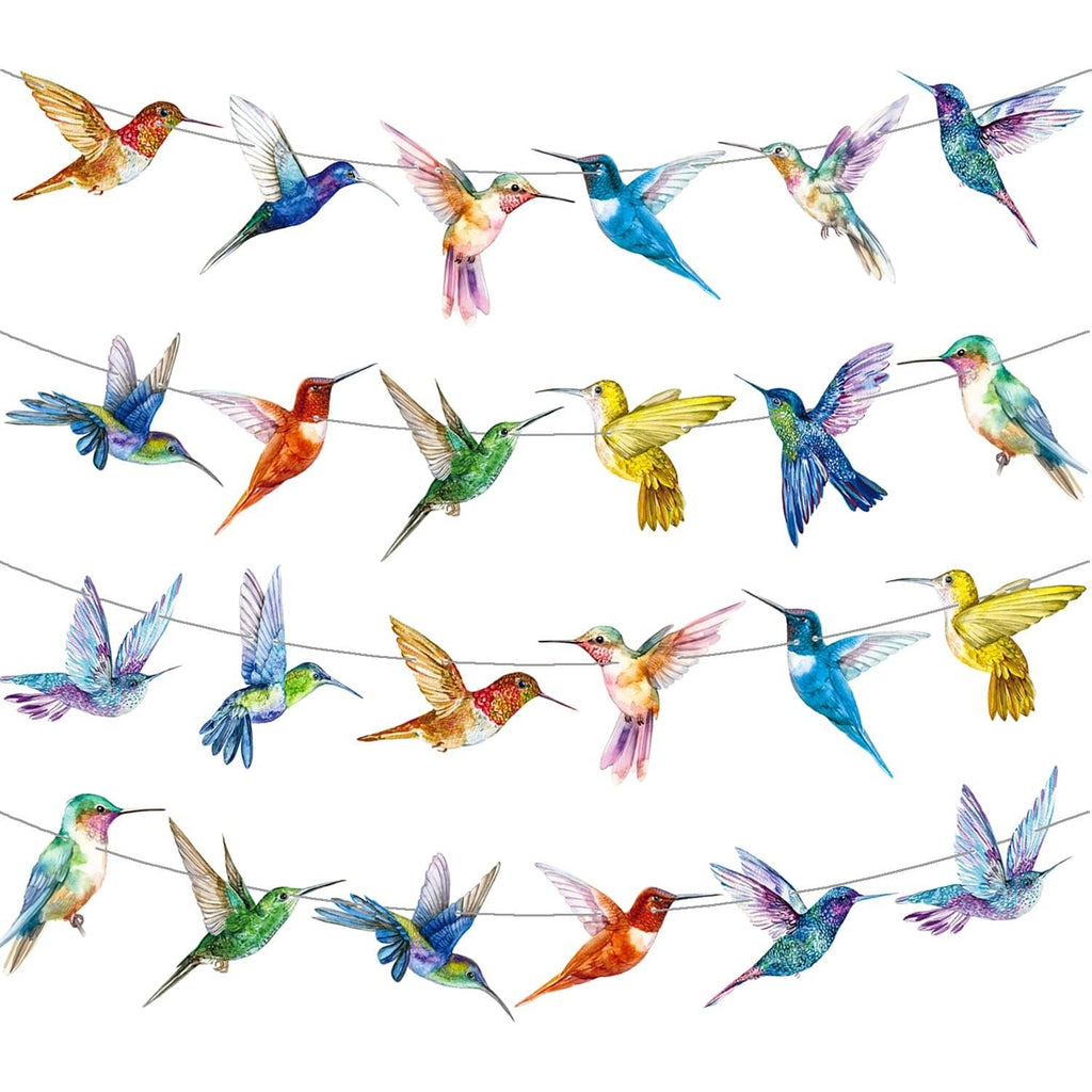 Colorful hummingbird banner with multicolor bird cutouts on a continuous string