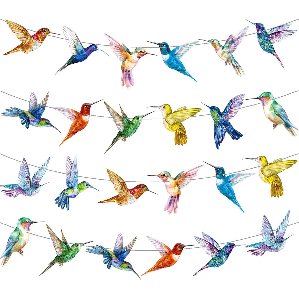 Colorful hummingbird banner with multicolor bird cutouts on a continuous string