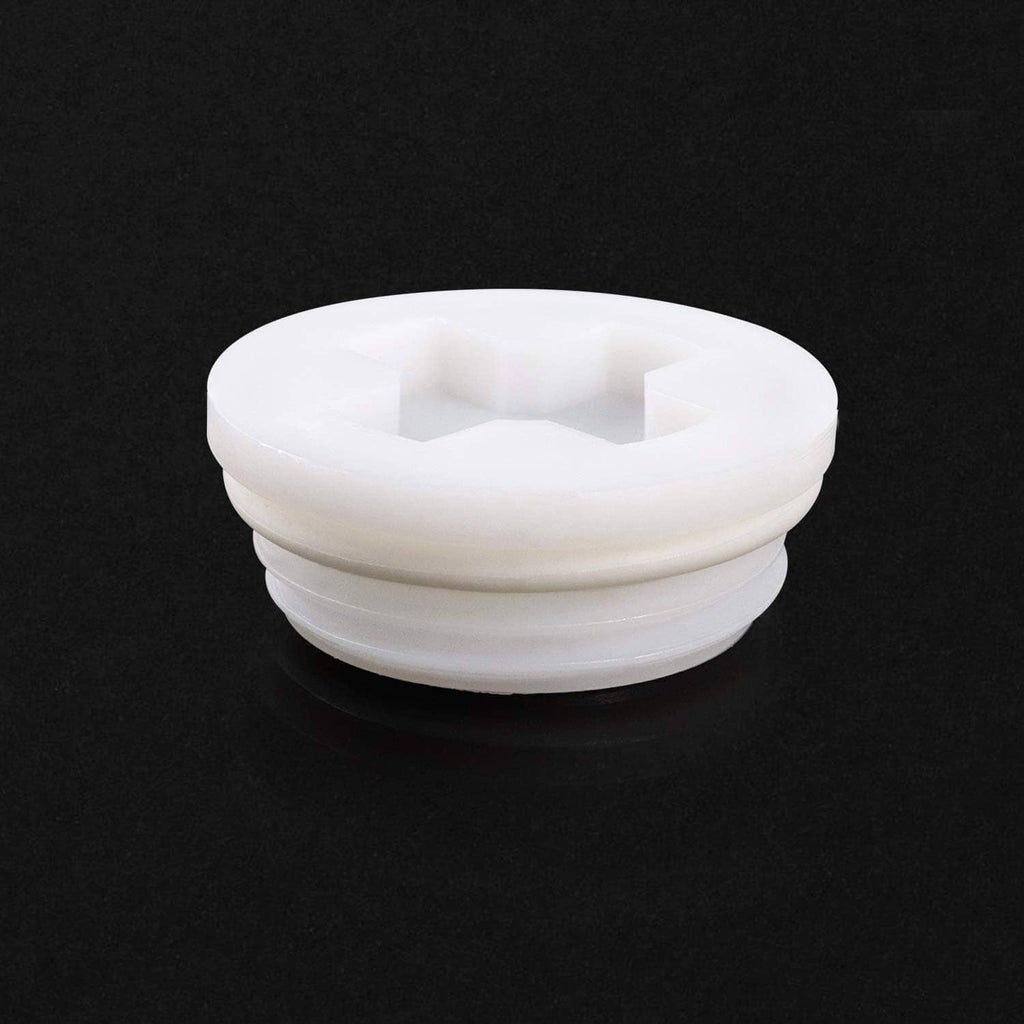 Single white plastic bung cap with top opening and square/hex drive recess