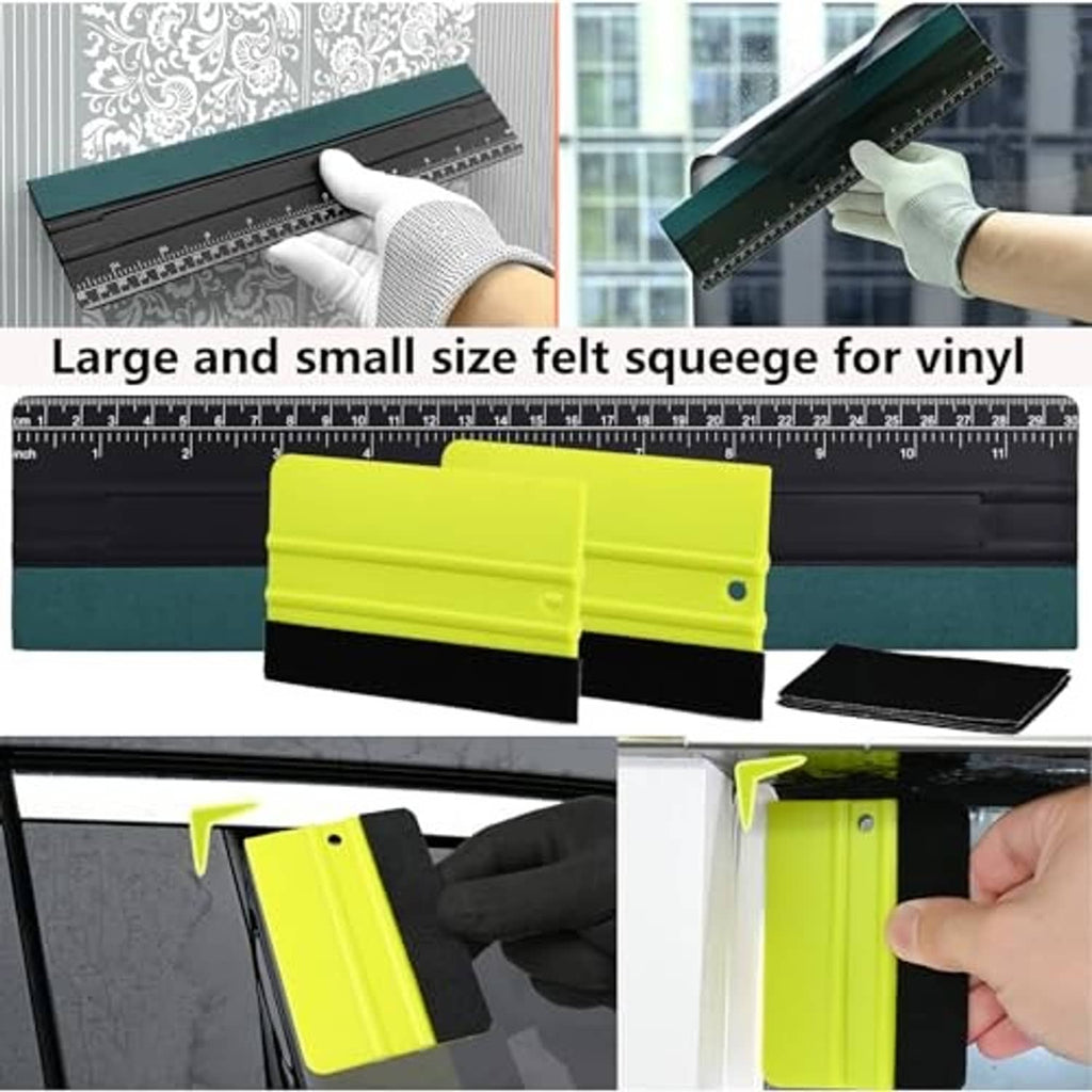 Felt squeegee set for vinyl wrap: yellow and black blades with measuring ruler