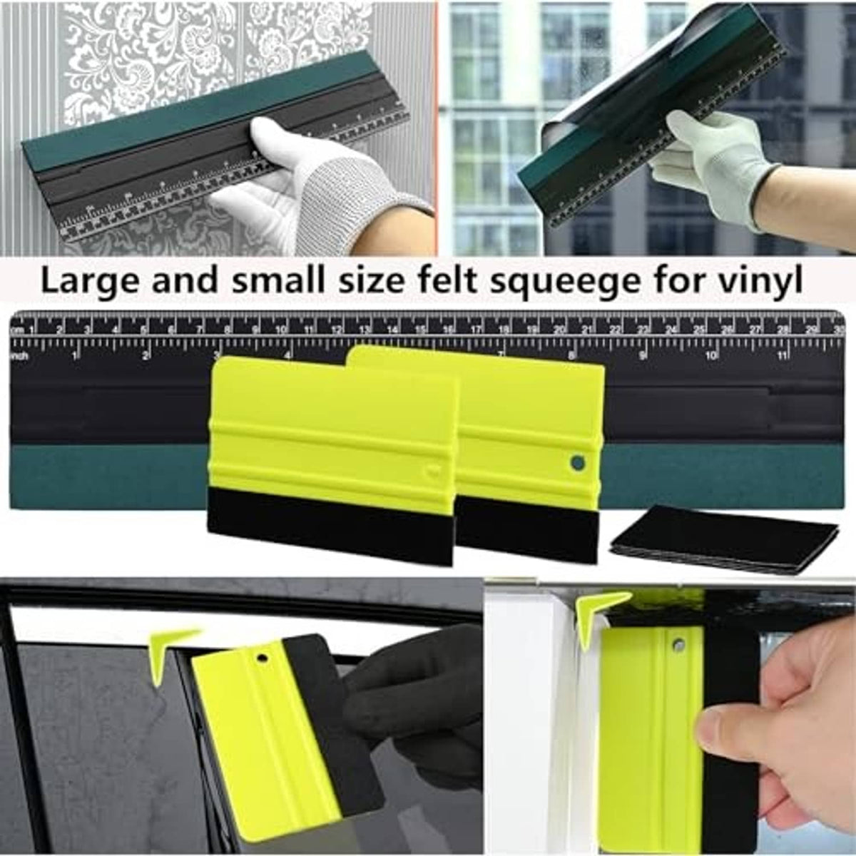 Felt squeegee set for vinyl wrap: yellow and black blades with measuring ruler