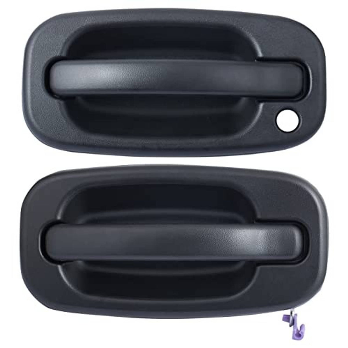Textured black exterior door handle set, two pieces with keyhole-style opening
