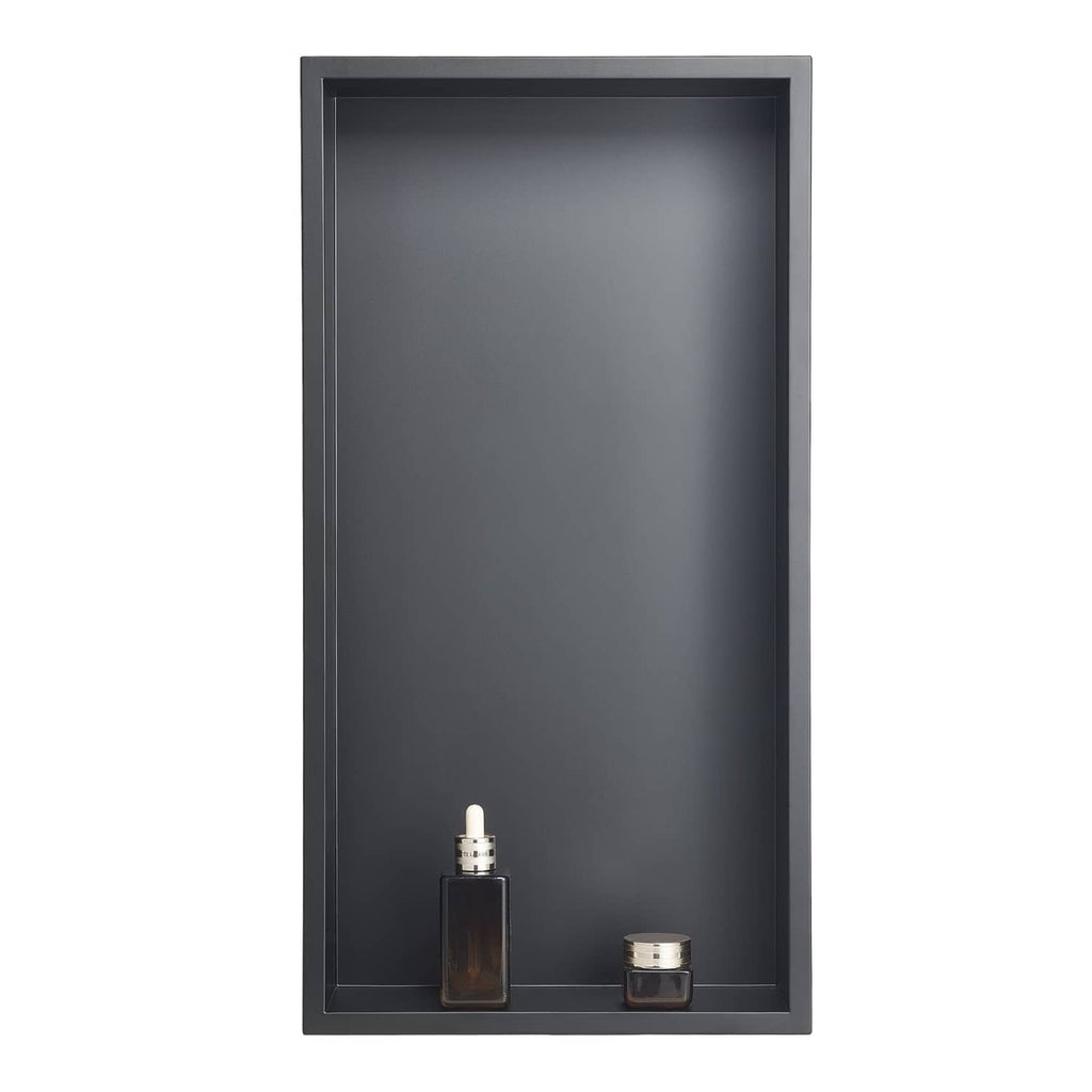Stainless steel recessed shower wall niche shelf with rectangular frame, dark finish.