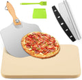 Rectangular beige pizza stone set with pizza peel and pizza cutter accessories