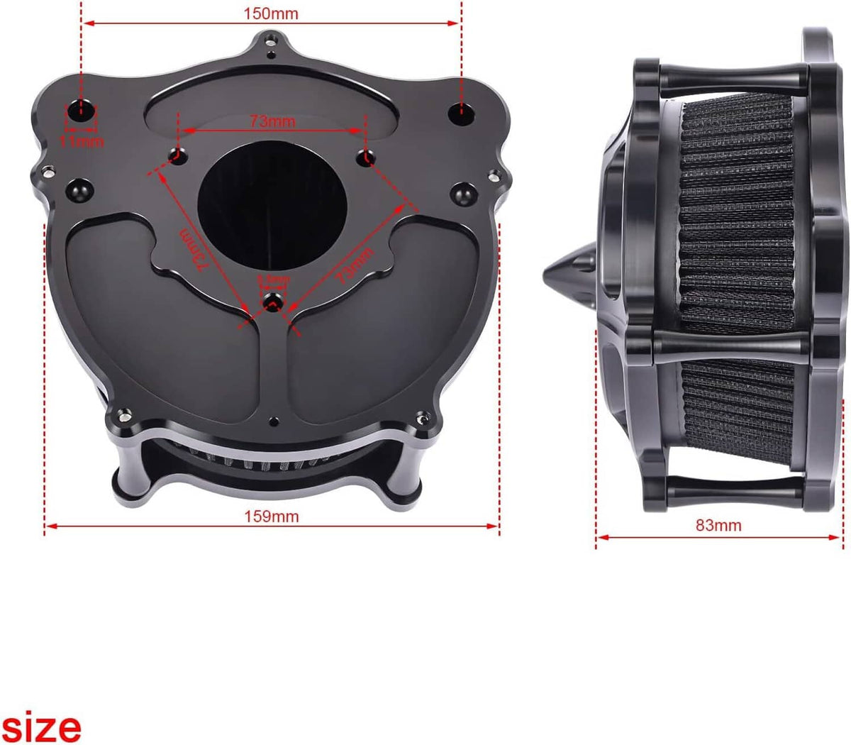 Air cleaner intake filter sizing diagram showing front and side measurements
