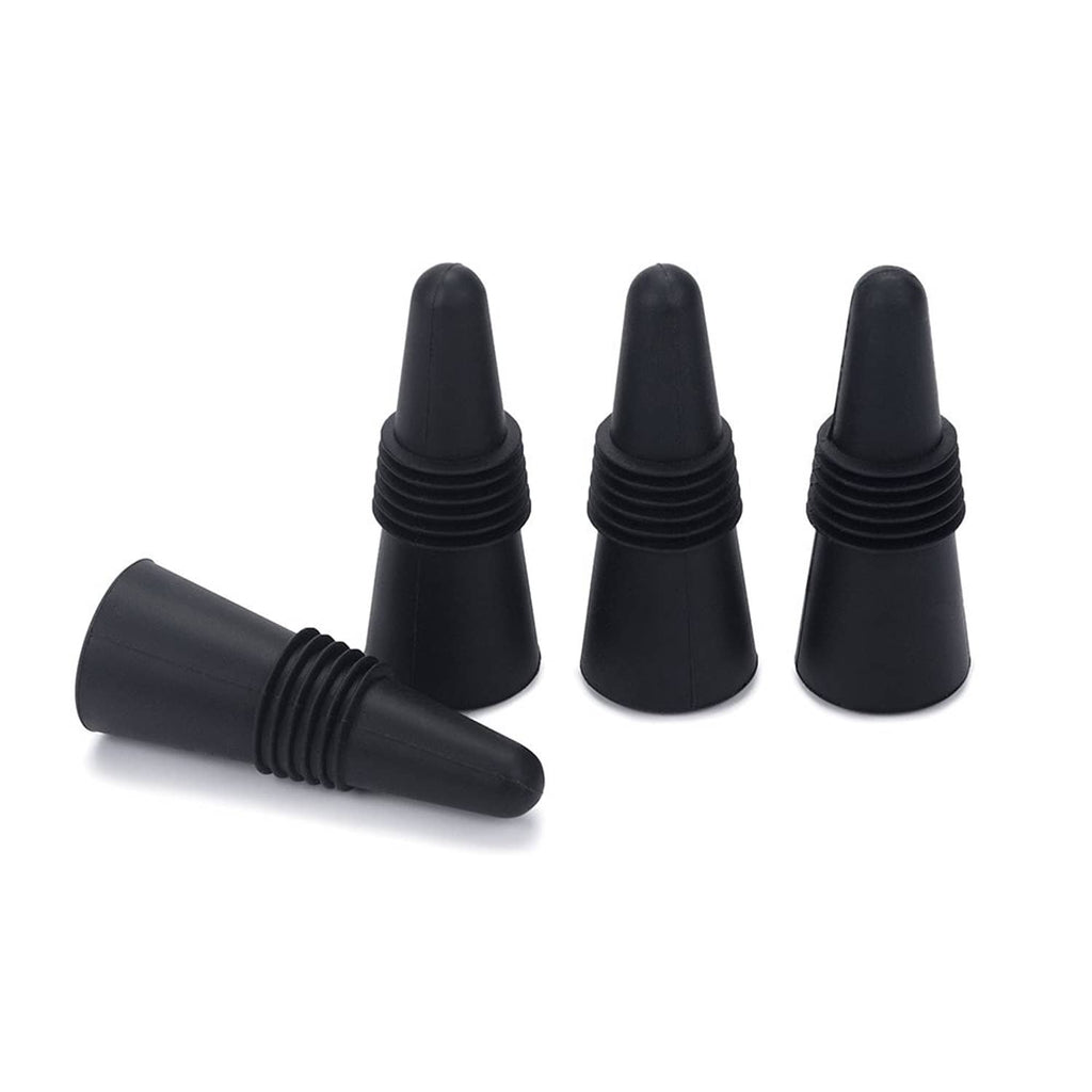 Black silicone wine stoppers with conical tops and ribbed threading
