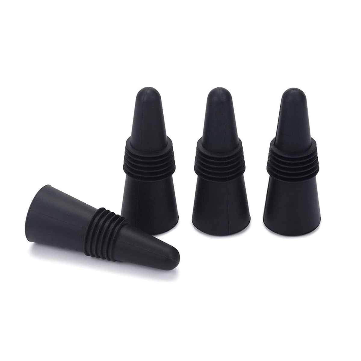 Black silicone wine stoppers with conical tops and ribbed threading