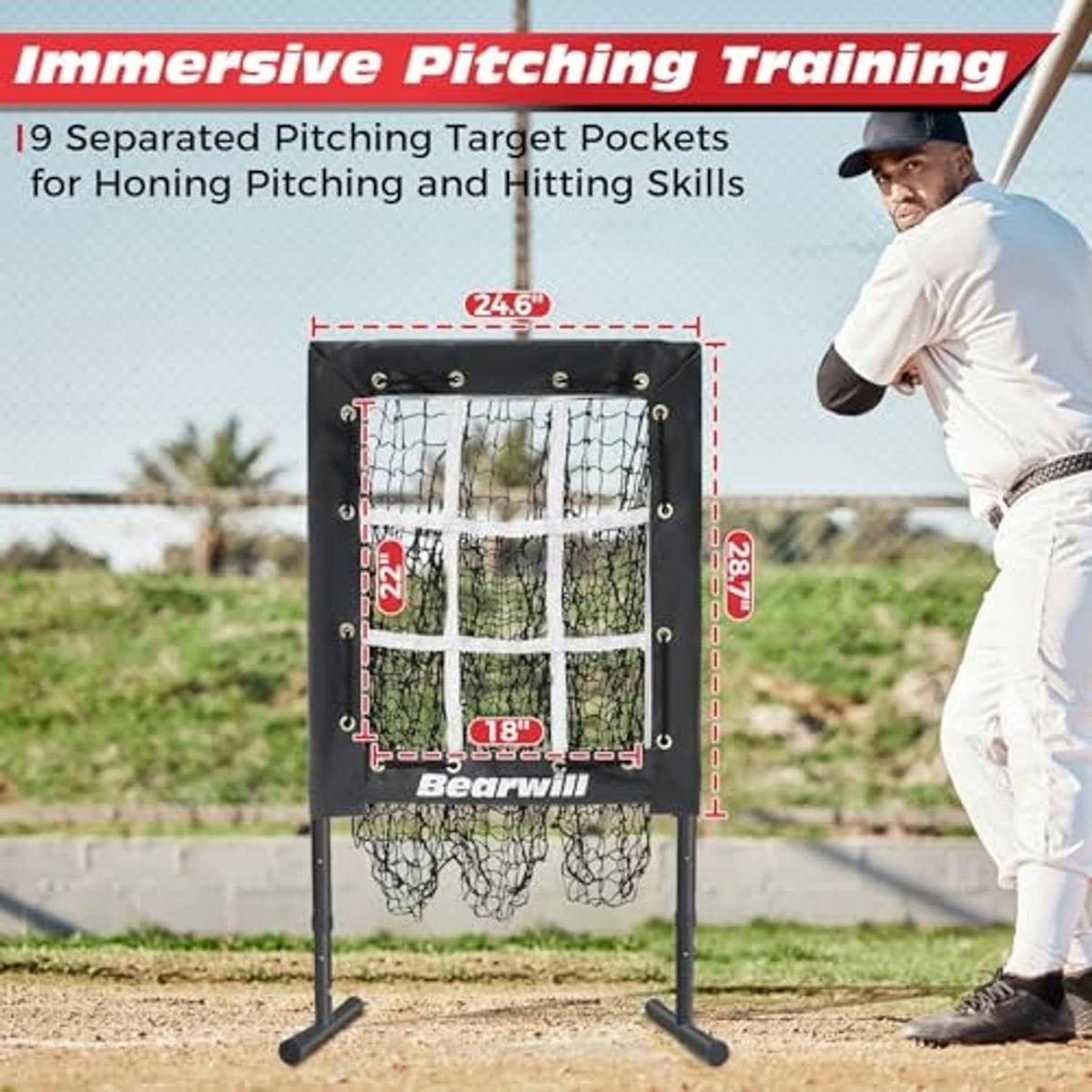 Baseball pitching net with strike zone window and three bottom target sections, black frame