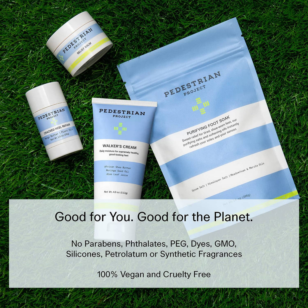 Pedestrian Project foot care balm products set in containers on grass