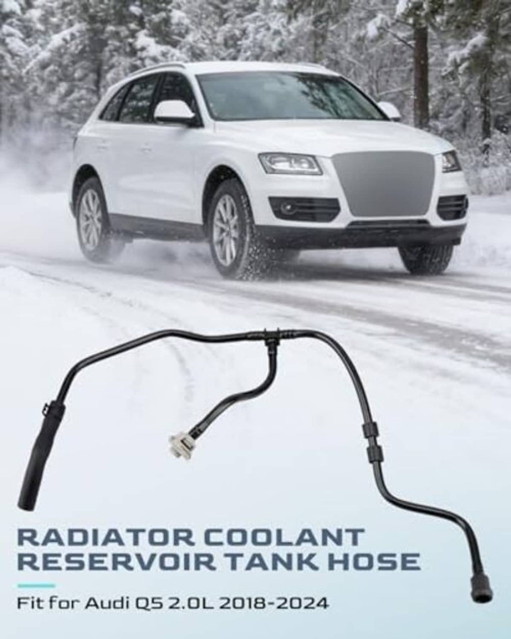 Black radiator coolant reservoir tank hose with connectors, shown on simple background