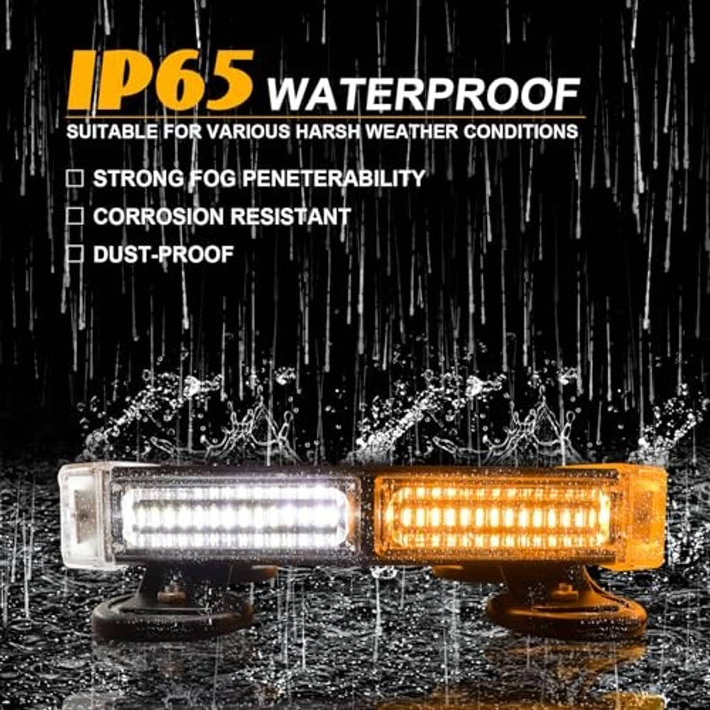 Waterproof IP67-style LED strobe light bar with amber and white LEDs and clear cover