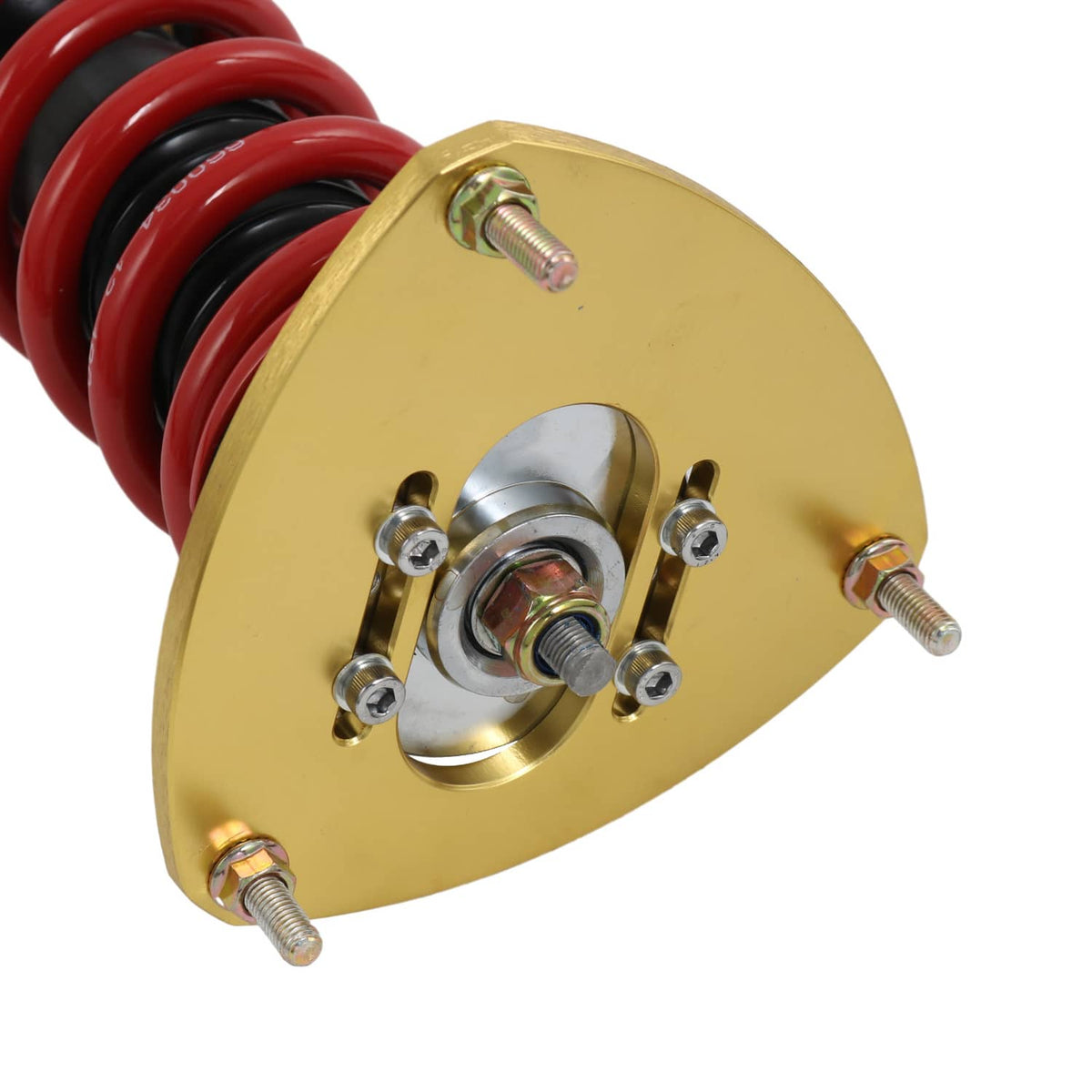 Gold top mount plate with hardware on red and black coilover spring
