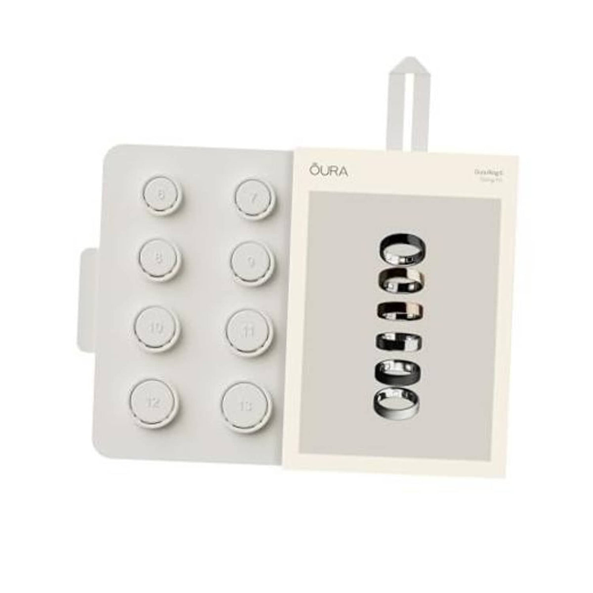 Ring size guide kit with numbered metal sizer rings on a white card