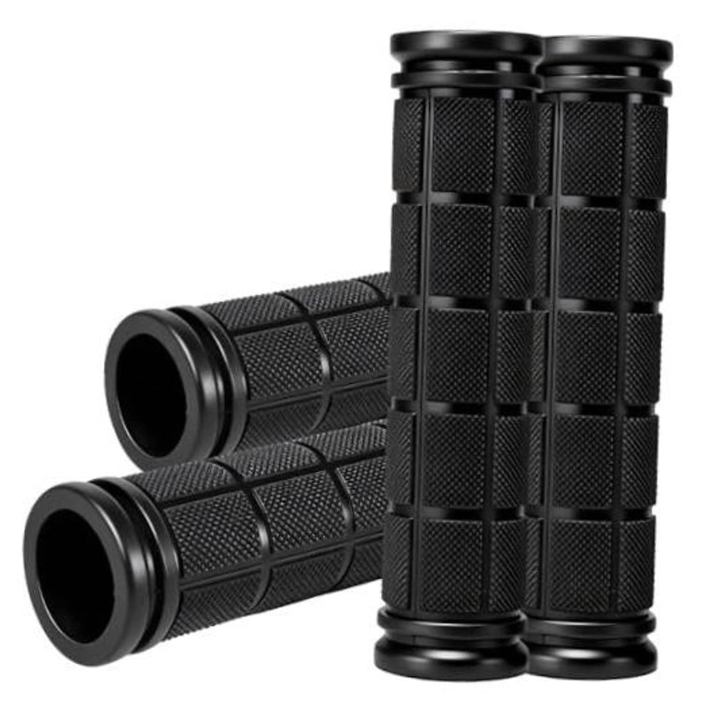 Four-piece black rubber bike handlebar grips, raised square grid texture and end caps
