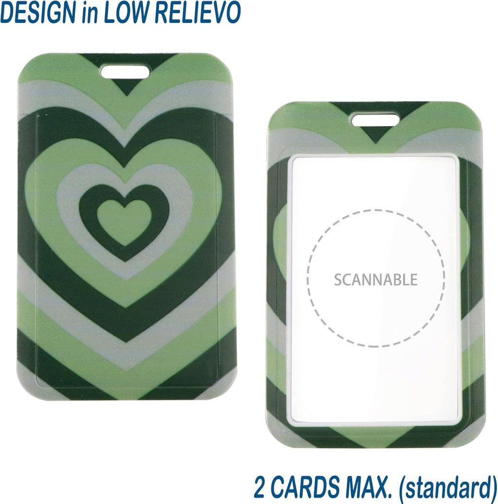 Green heart-pattern ID badge holder cards with clear window and badge clip