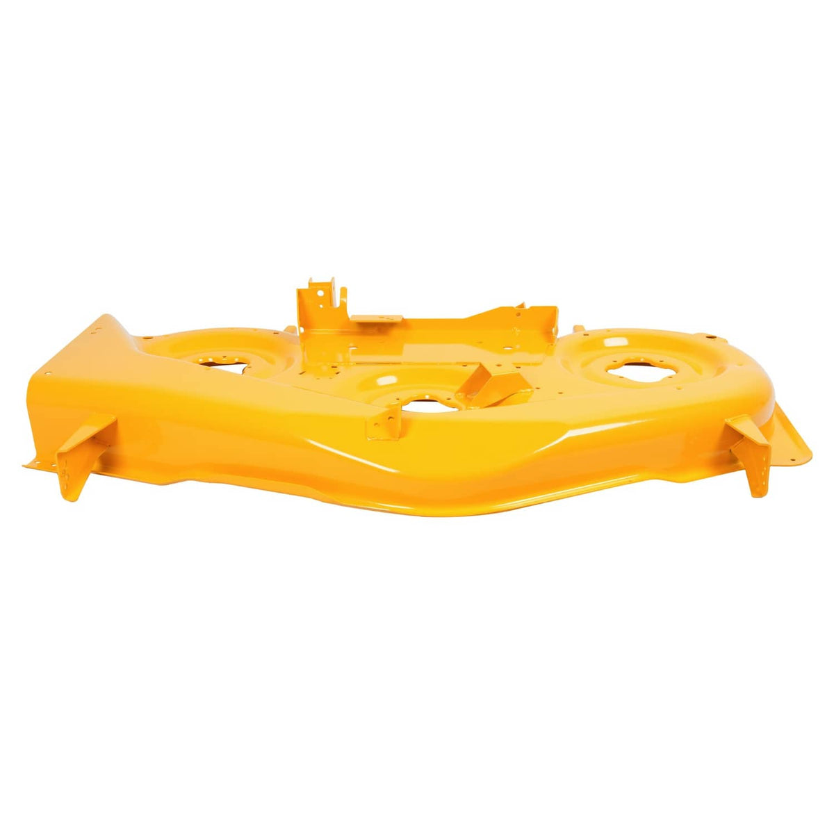 Yellow steel mower deck shell, top view with central brackets and side tabs