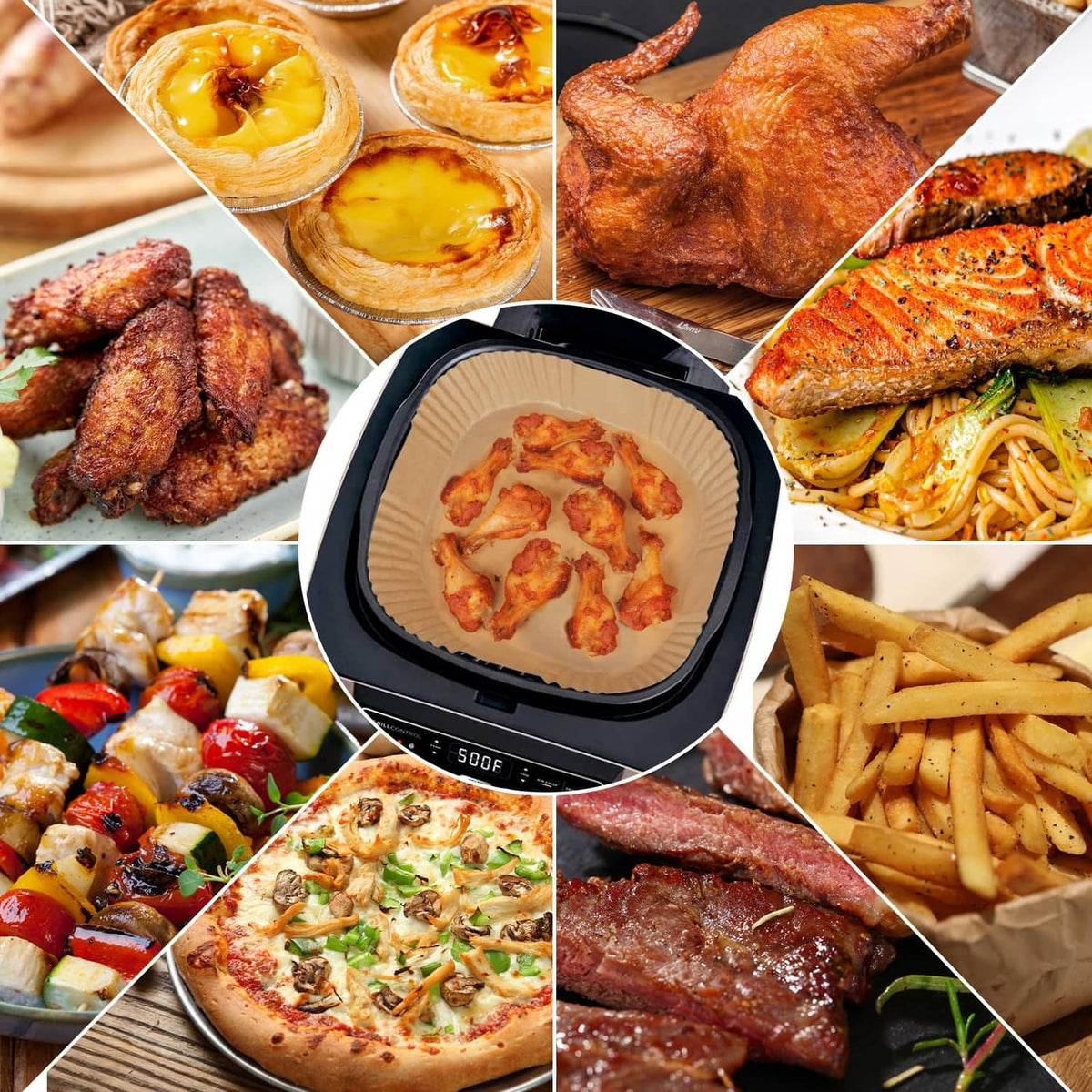 Paper liner in air fryer basket with assorted cooked foods