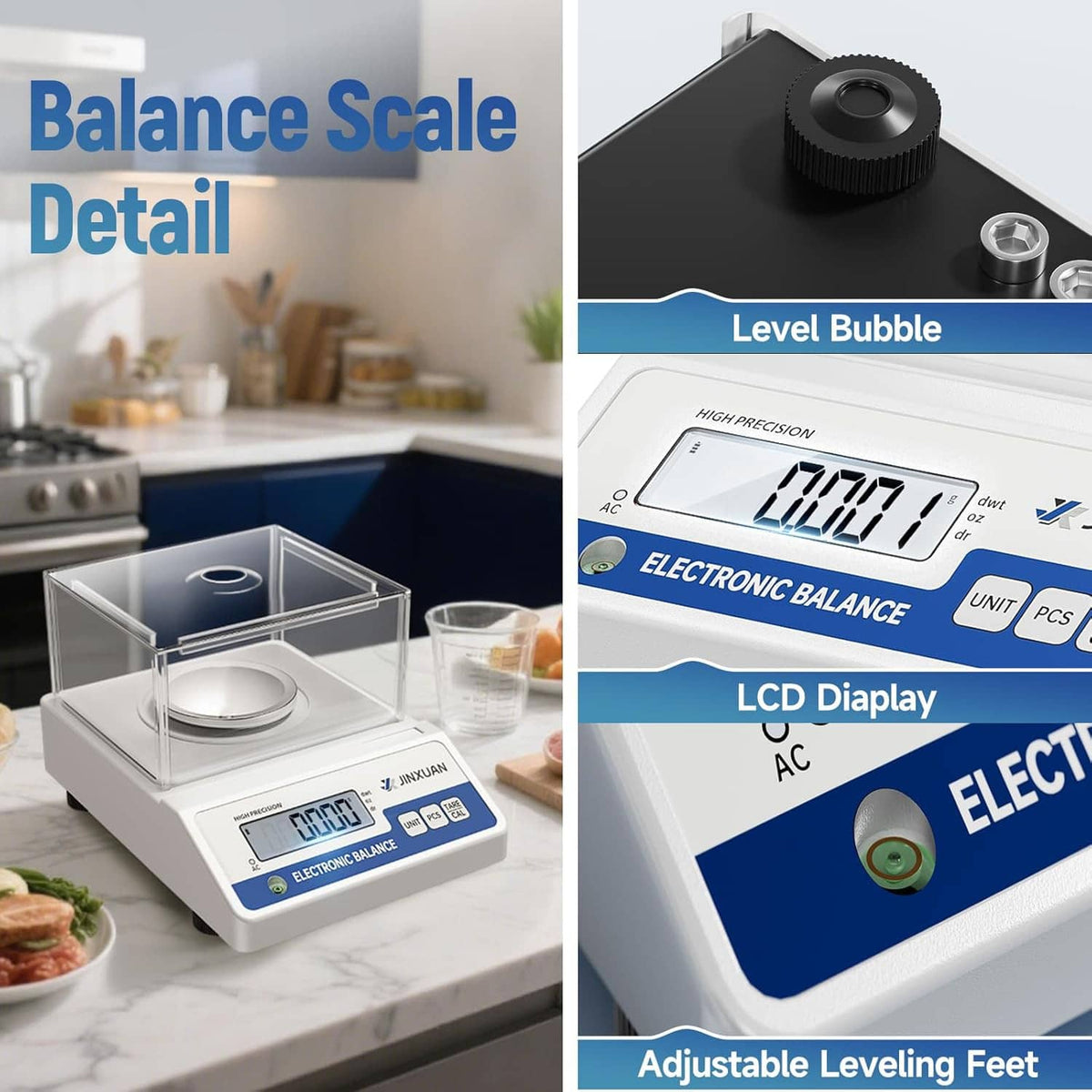 Digital balance scale detail showing adjustable leveling feet and LCD display