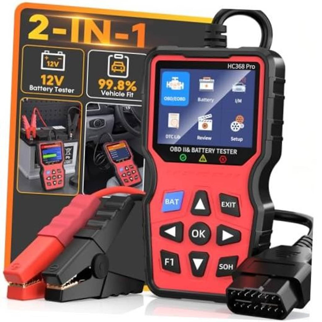 2-in-1 OBD2 scanner and battery tester with display, red/black handheld body and cables