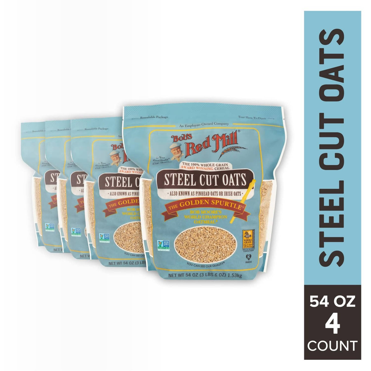 Bob's Red Mill steel cut oats 4-pack pouches in turquoise, front labels visible
