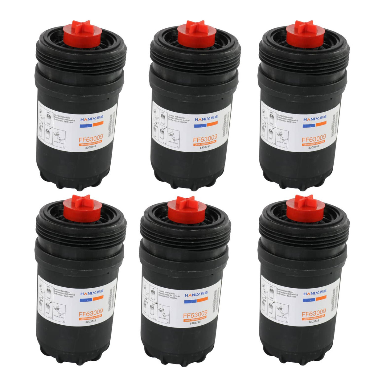 Set of 6 black fuel filters with red caps and white label stickers