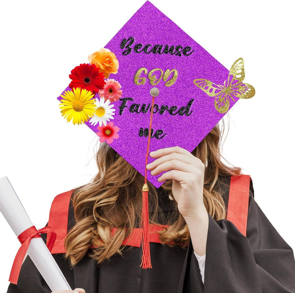 Purple glitter cardstock square held as a graduation prop