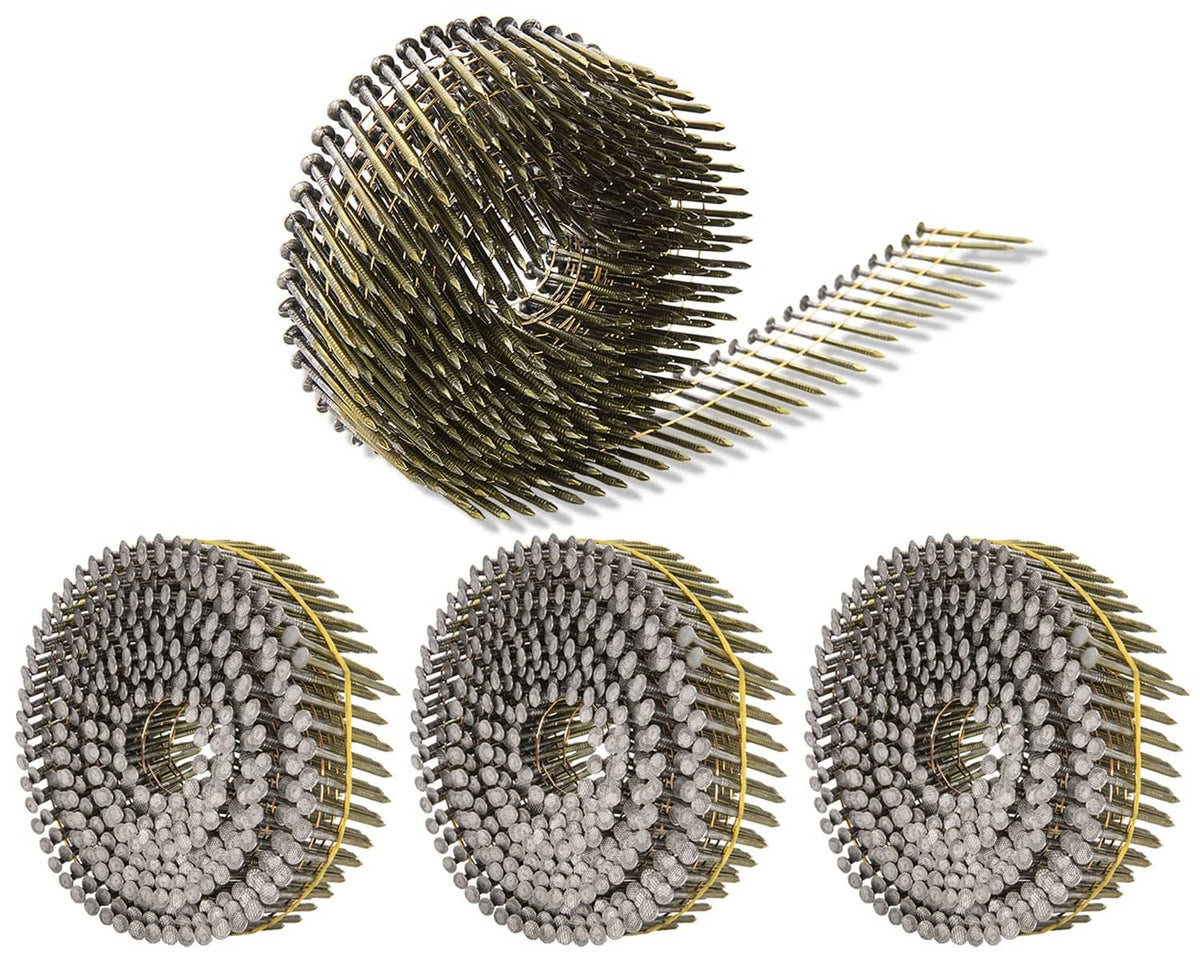 Collated siding nails wire coil, galvanized gold and silver, ring shank, round heads