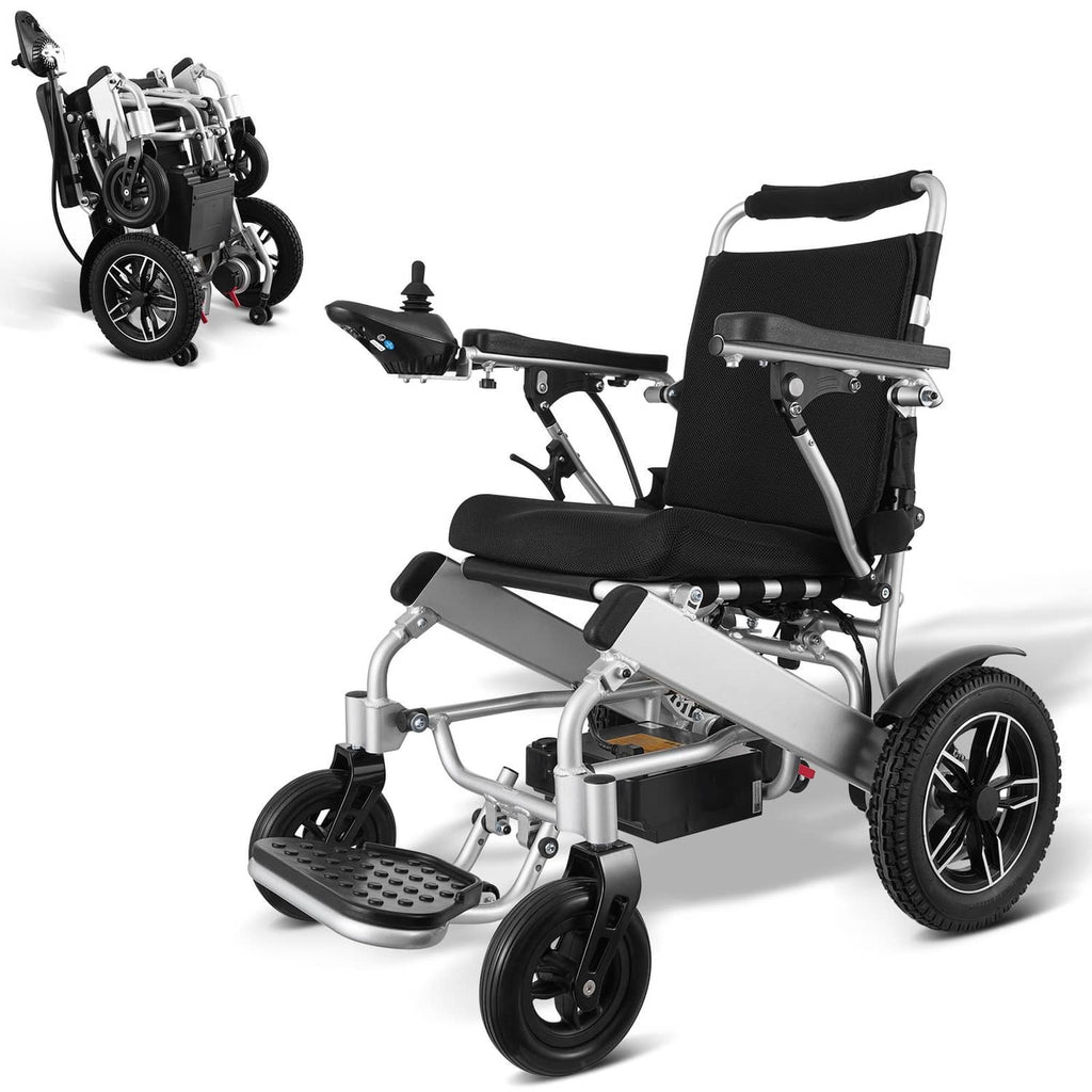 Foldable electric wheelchair angled view with black seat, footrest, and large caster wheels.