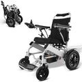 Foldable electric wheelchair angled view with black seat, footrest, and large caster wheels.