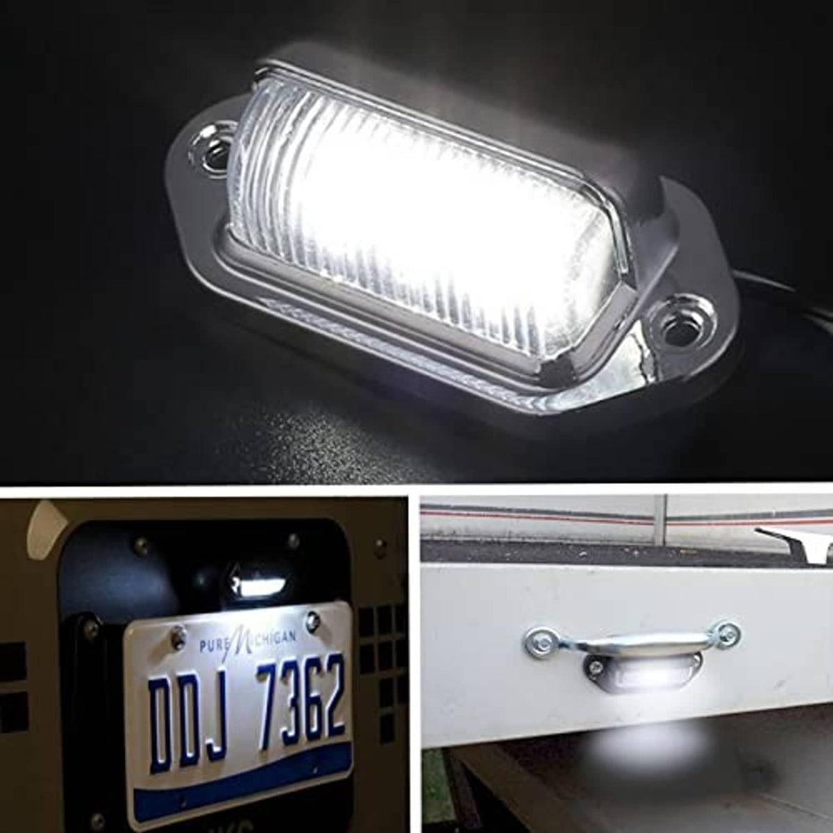 Black LED license plate light with bright clear lens, plus an installed view on a car