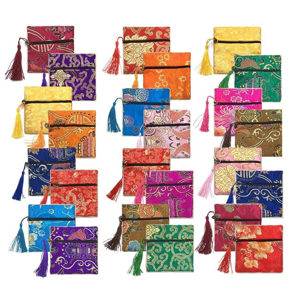 Set of assorted Chinese silk brocade coin purses with tassels, small zip pouches
