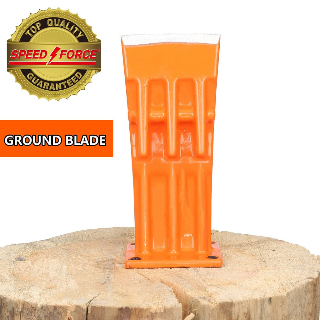 Orange log splitting wedge tool with ground blade on wood rounds