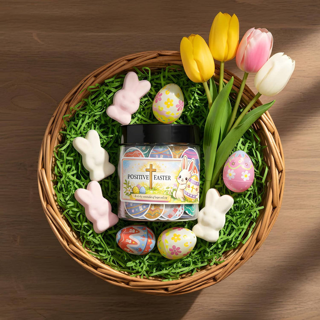 Positive Easter scripture jar in a basket with Easter eggs and bunny figures
