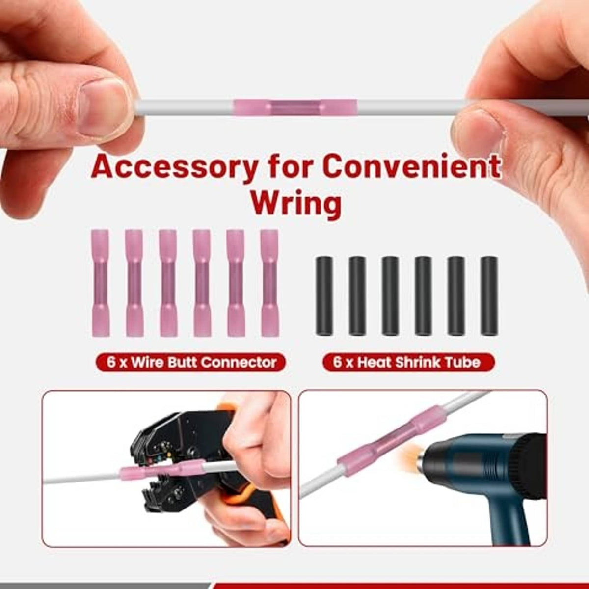Wiring splicing kit for turn signal harness: purple butt connectors and black heat-shrink tubes