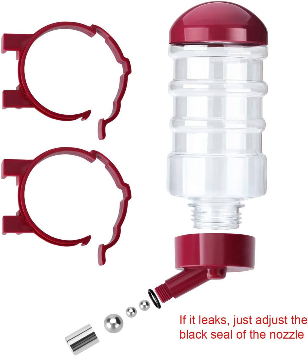 No-drip dog water bottle dispenser with red clamp rings and clear body
