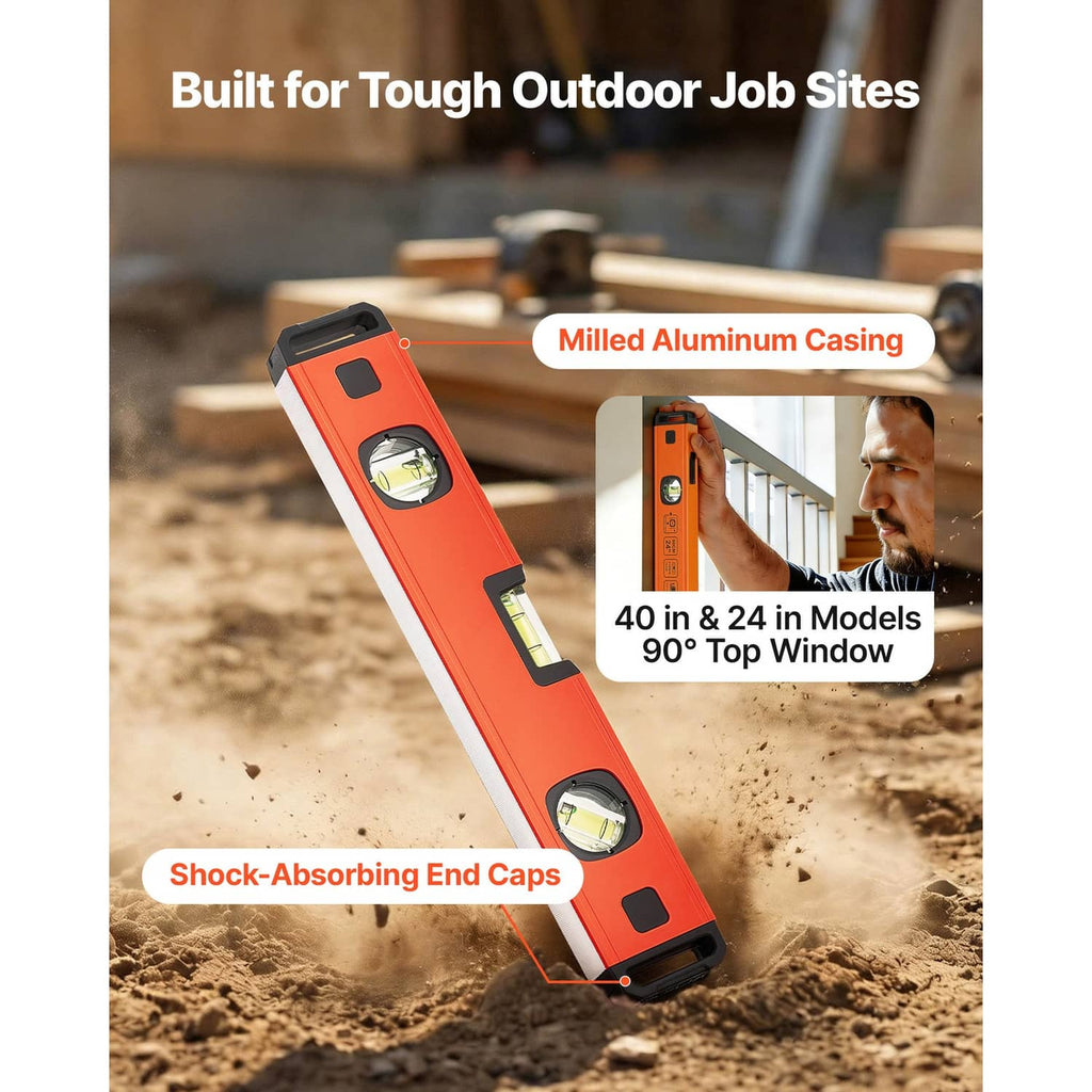 Orange torpedo level tool with black end caps and round vial windows, outdoor work style