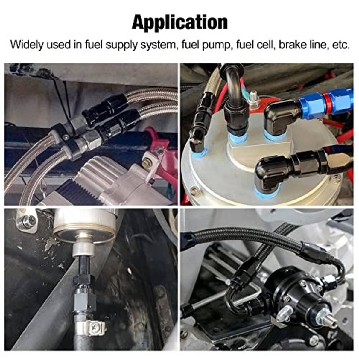 Aluminum 10AN to 3/8 NPT male swivel fittings on fuel line, two pieces installed