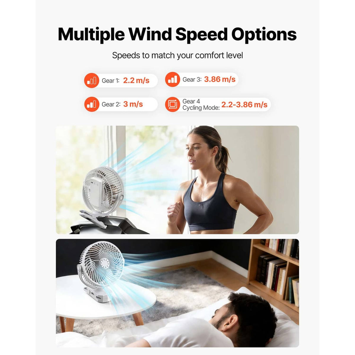 White desktop fan with front grille, angled stand, and air flow