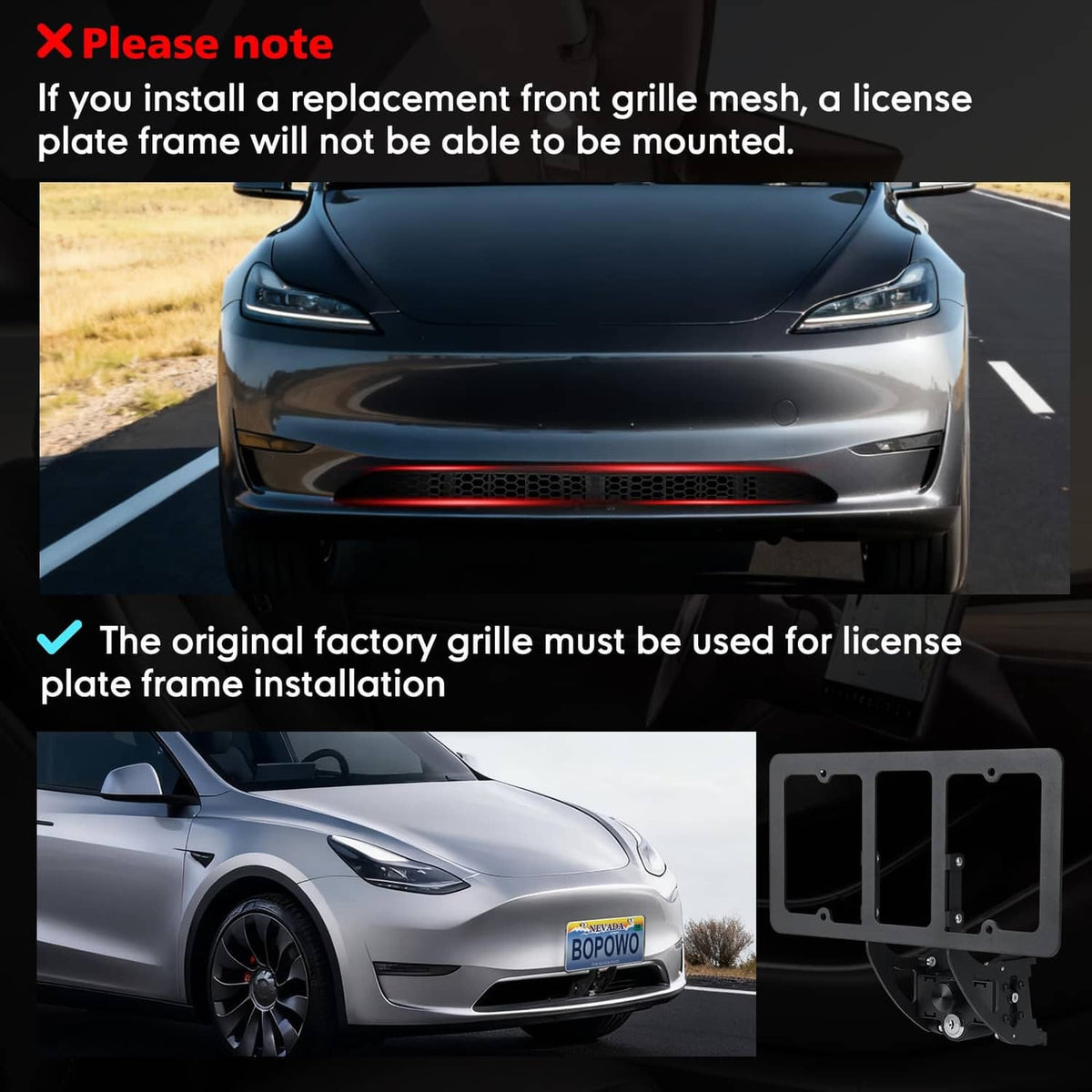 Front of car with black license plate frame mount attached to grille area