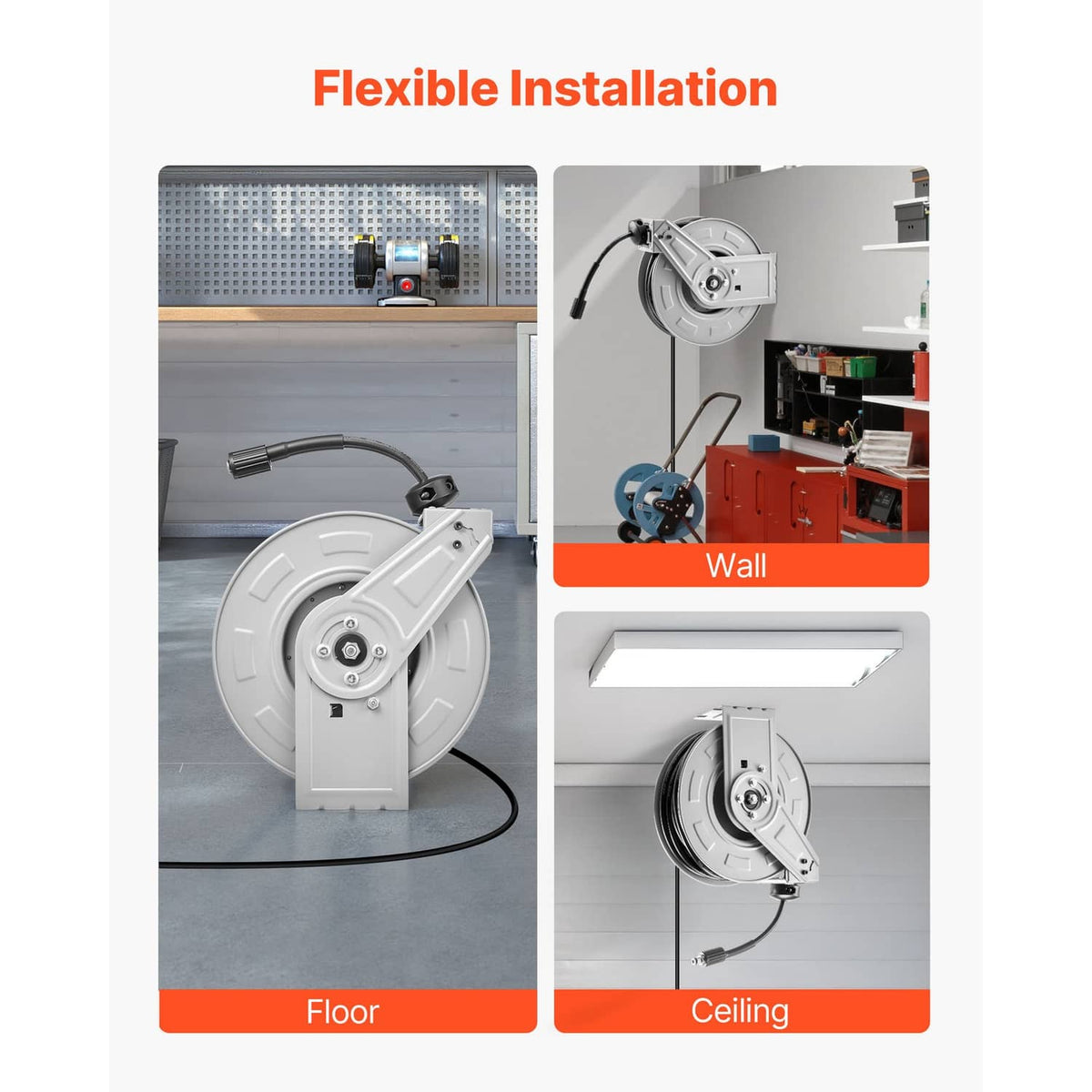 Retractable pressure washer hose reel with flexible mounting options for wall or ceiling