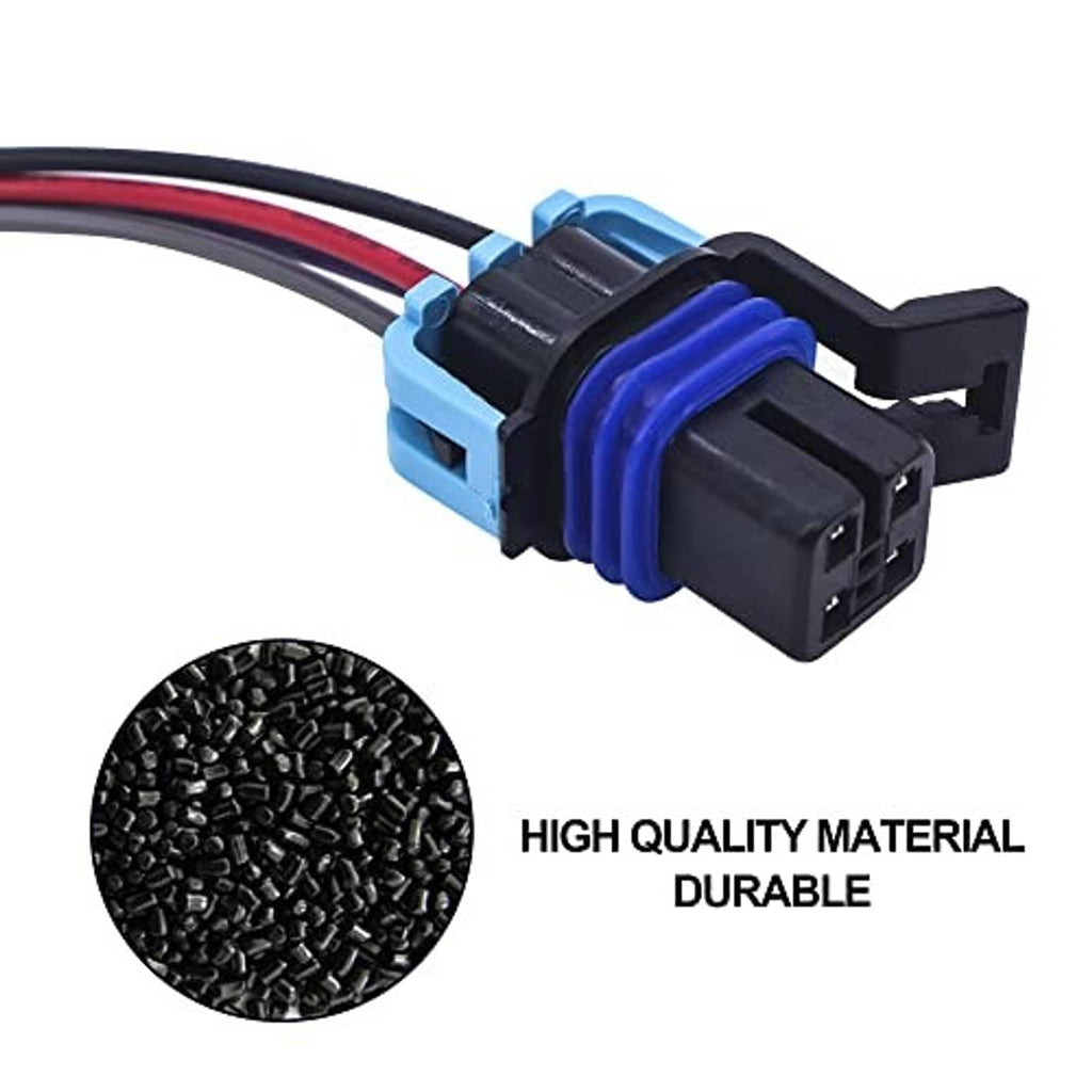 Close-up of 4-way connector end with blue latch and red, purple, black wire leads