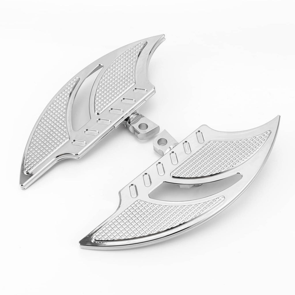 CNC footpeg floorboards pair, silver with diamond-texture tread and slotted step inserts