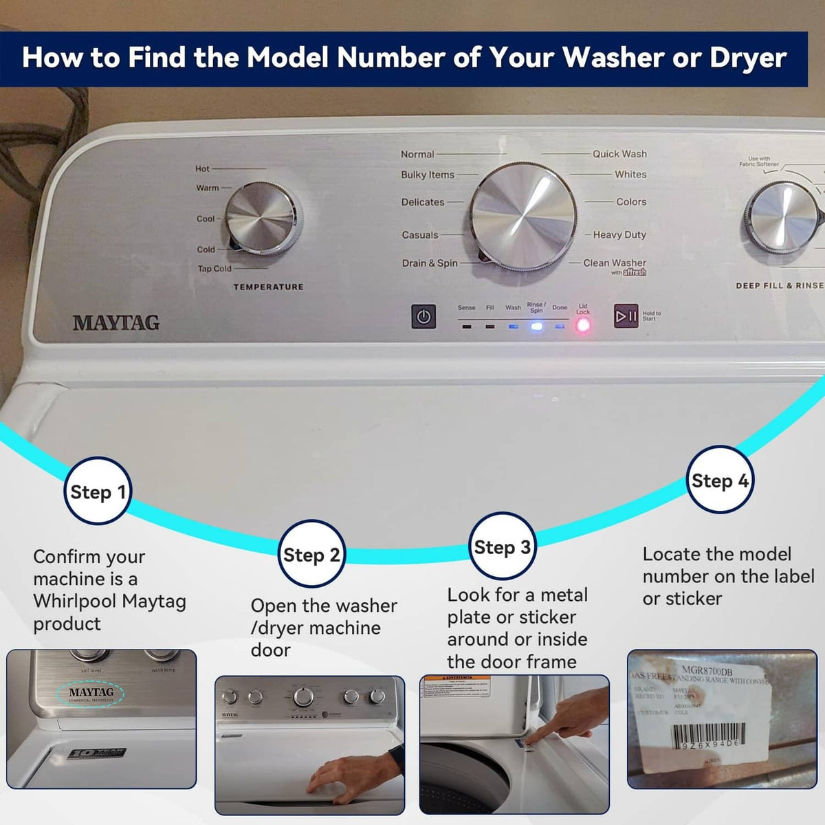 Round silver control knob with ridged rim on Maytag dryer control panel.