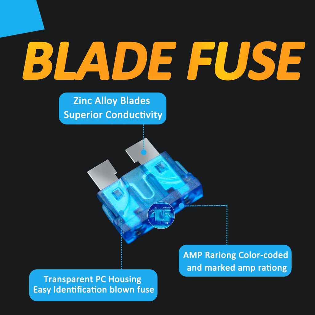 Blue standard blade fuse with transparent PC housing and zinc alloy blade