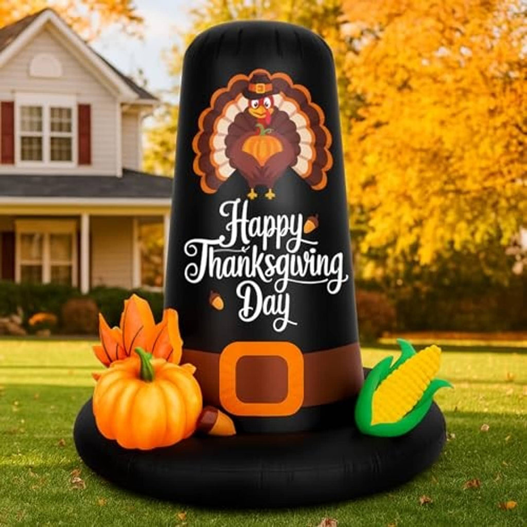 Inflatable black pilgrim hat with Happy Thanksgiving Day print, pumpkin and corn in front