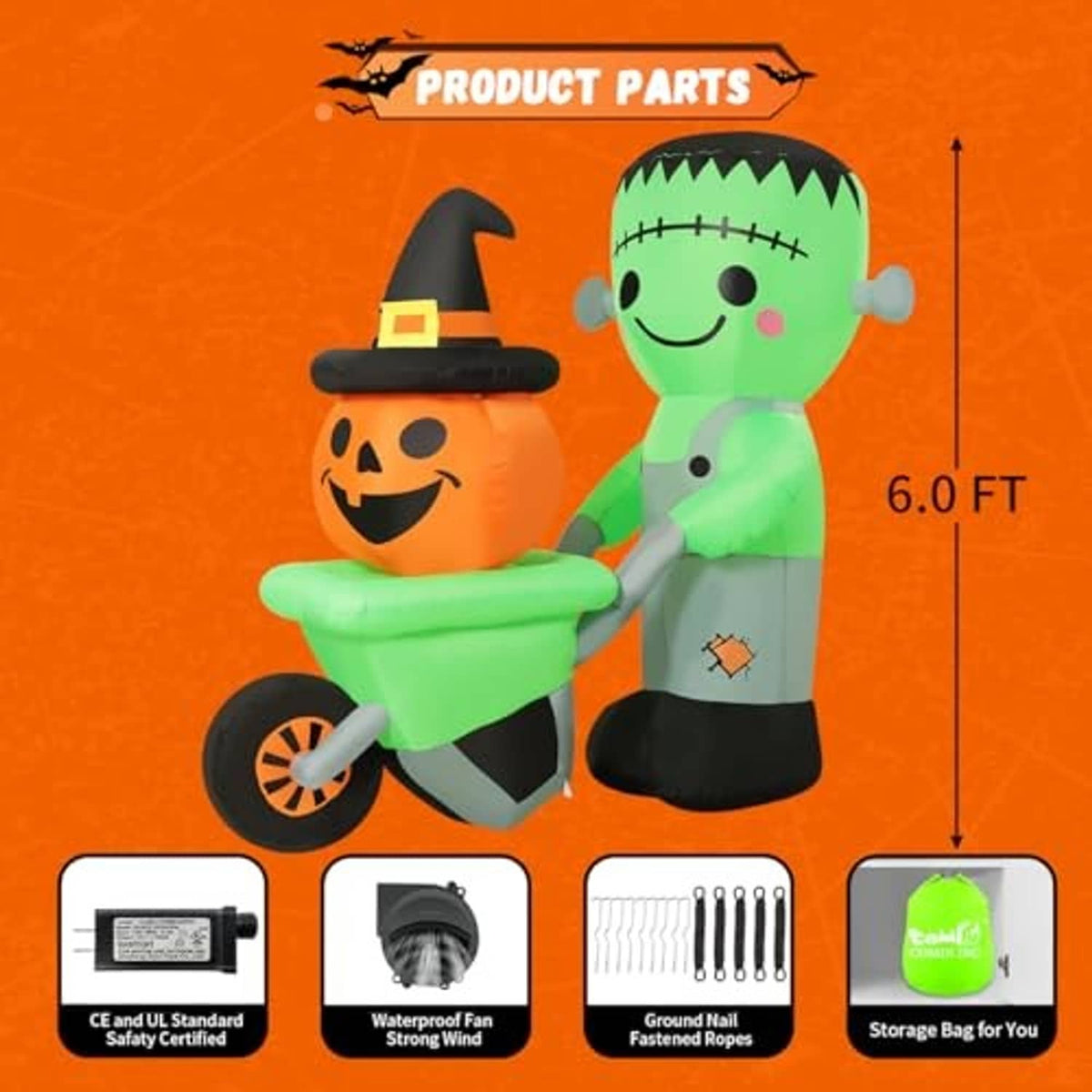 6.1FT Halloween inflatable Frankenstein and pumpkin set with adapter, fan, stakes, and storage bag